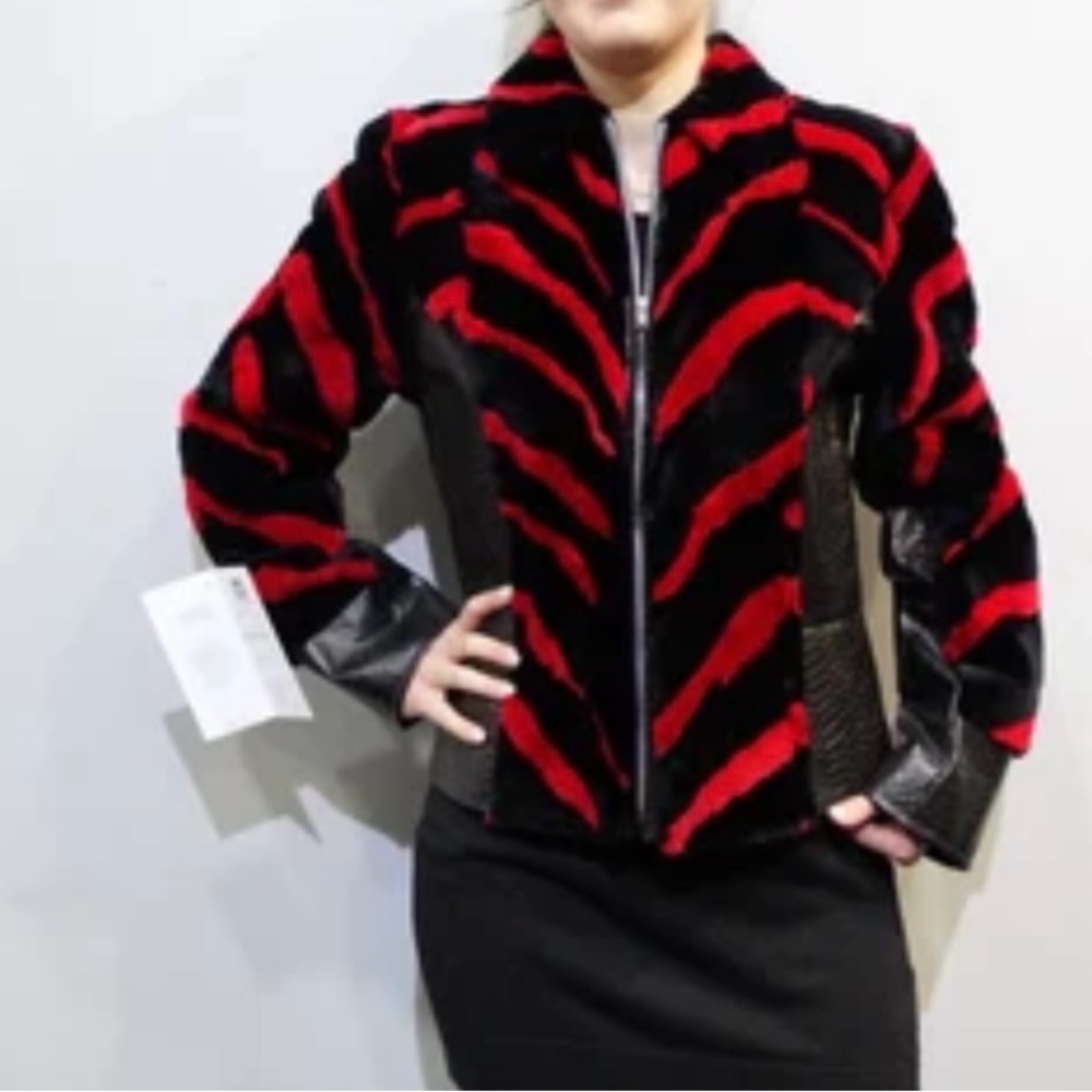 Women's Red and Black leather Zebra look with REAL beaver fur